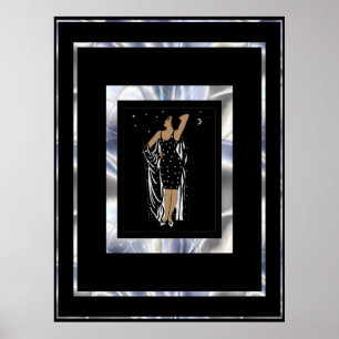 Poster Garota Glamour Vintage Preto Moldura Prata