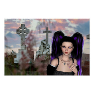 Póster Garota gótica fofa no cemitério para o Halloween