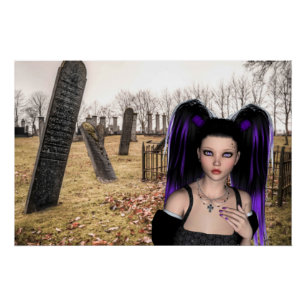 Póster Garota gótica no cemitério para o Halloween