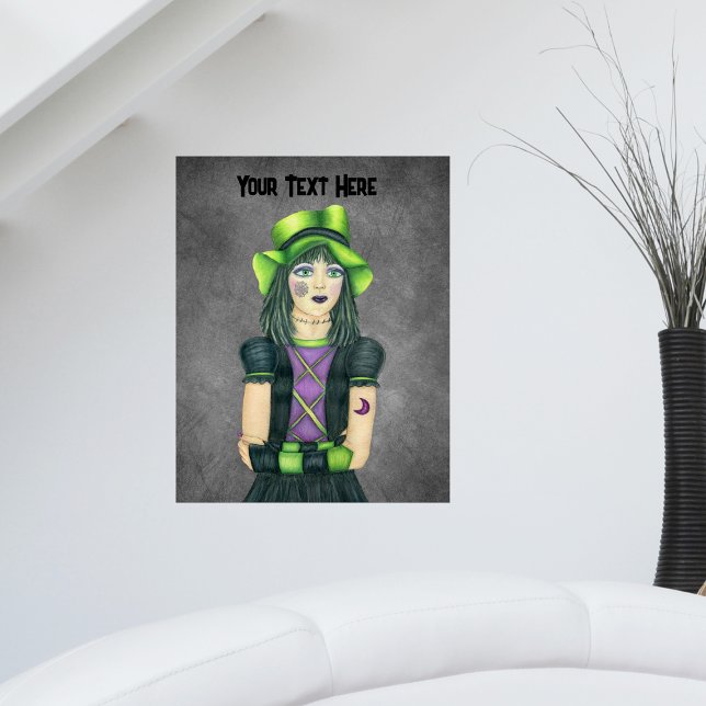 Poster Garota Gótico bonito Olhos Verdes Que Tatuam Cinza (Pretty young Goth girl tattoos green hat fingerless gloves on spooky dark grey artwork poster.)