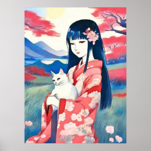 Poster Garota japonesa com um gato branco
