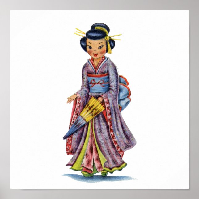 Poster Garota Japonesa Vintage em Kimono (Frente)