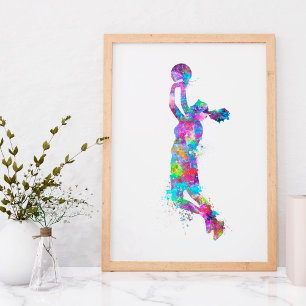 Poster Garota jogadora de basquete com respingos de aquar