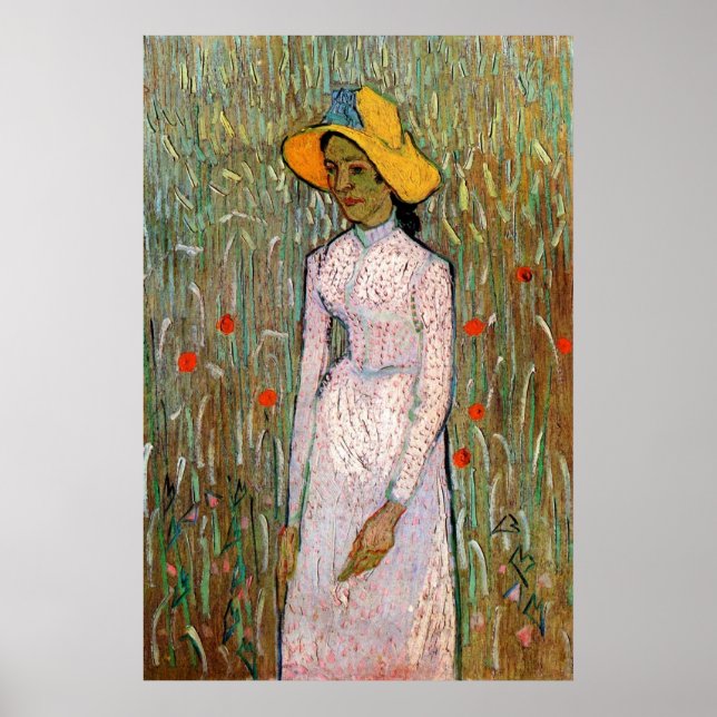 Póster Garota jovem em pé nos Campos do Trigo - van Gogh (Frente)