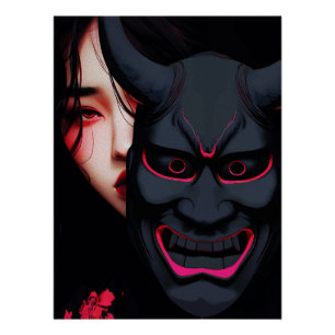Póster Garota Misteriosa com Máscara Oni Terror Japonês E