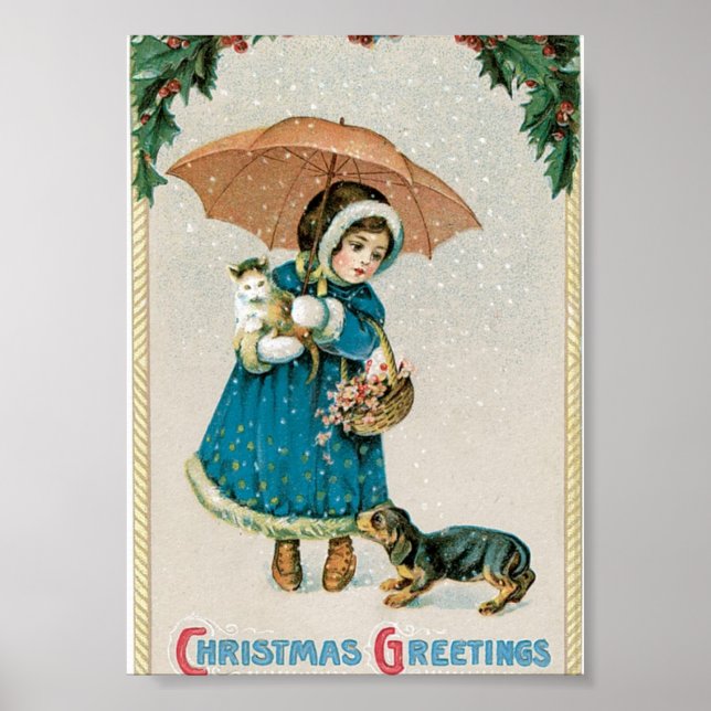 Póster Garota na neve no Natal com gato e cão (Frente)