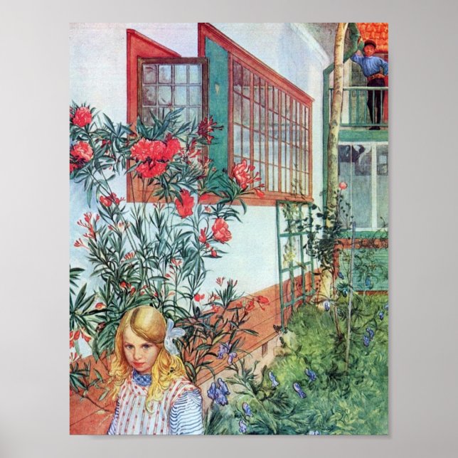 Póster Garota no Jardim com Flores Vermelhas (Frente)