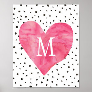 Póster Garota Nursery Monograma Aquarela Coração Rosa