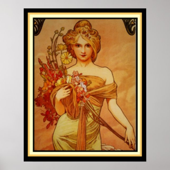 Póster Garota ouro com Buquê por Alphonse Mucha 16 x 20 (Frente)