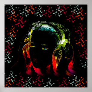 Póster Garota ouvindo Fones de ouvido de música Neon Col