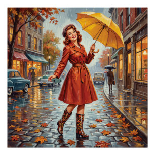 Póster Garota Pin-up da Chuva de Outono Vintage