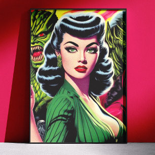 Póster Garota Pulp de Ficção Científica de Terror Vintage