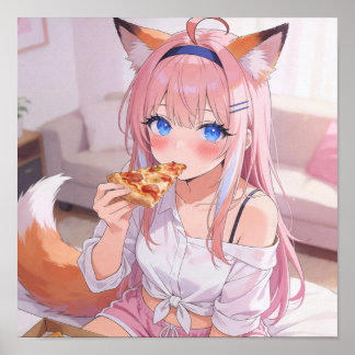 Poster Garota Raposa de Cabelo Rosa Comendo Pizza