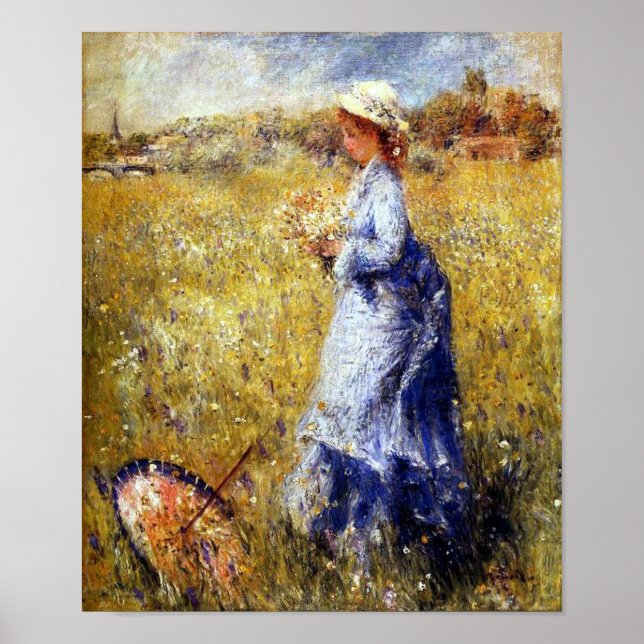 Poster Garota reunindo flores de arte por Renoir Impressã (Frente)