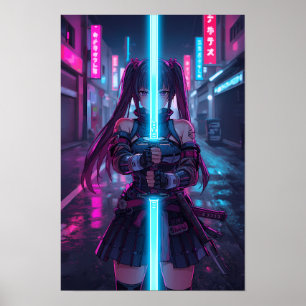 Poster Garota Samurai Cyberpunk Katana Neon Anime