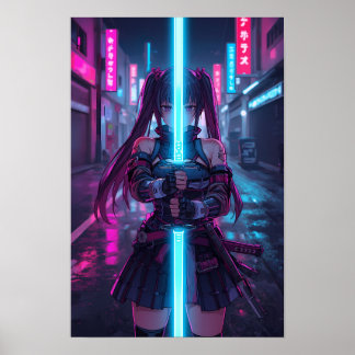 Poster Garota Samurai Cyberpunk Katana Neon Anime