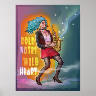 Poster Garota Saxofônica - Notas Negrito, Coração Selvage