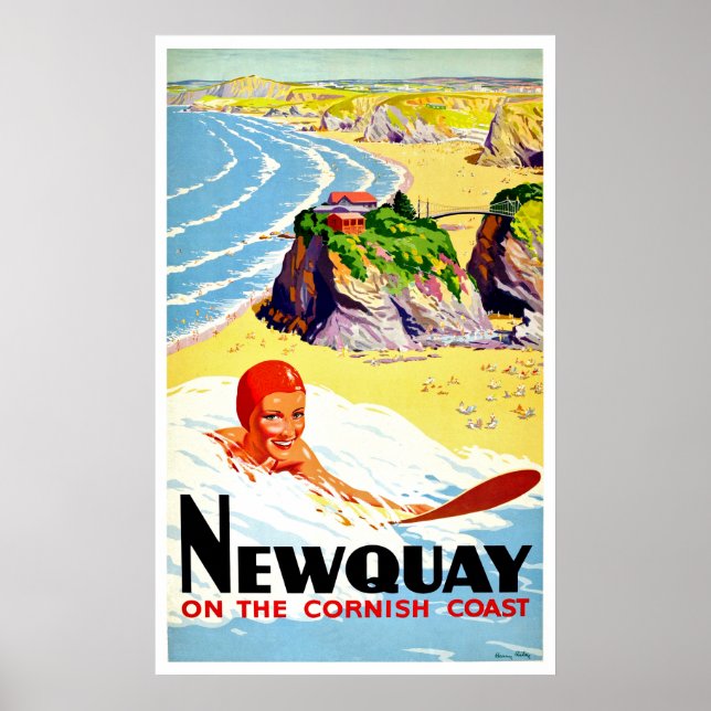 Poster Garota surfando na praia de Newquay, Cornwall, vin (Frente)
