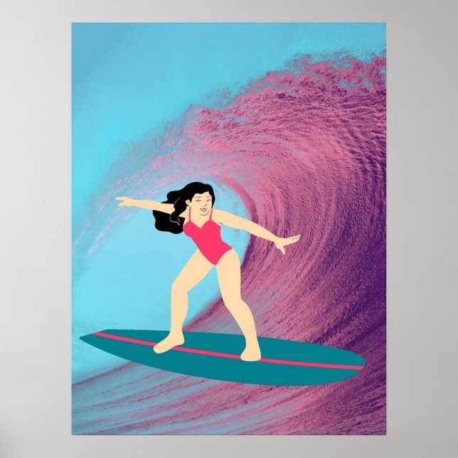 Poster Garota surfando no pôr do sol. (Frente)