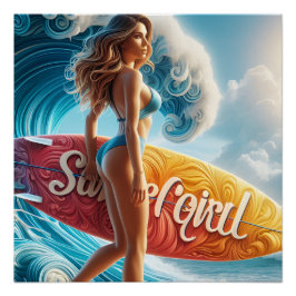 Póster Garota Surfista Confiante Caminhando pelas Ondas d
