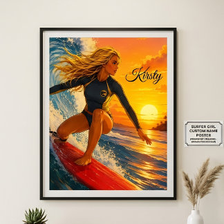 Poster Garota Surfista Pôr do Sol Nome Personalizado Kirs