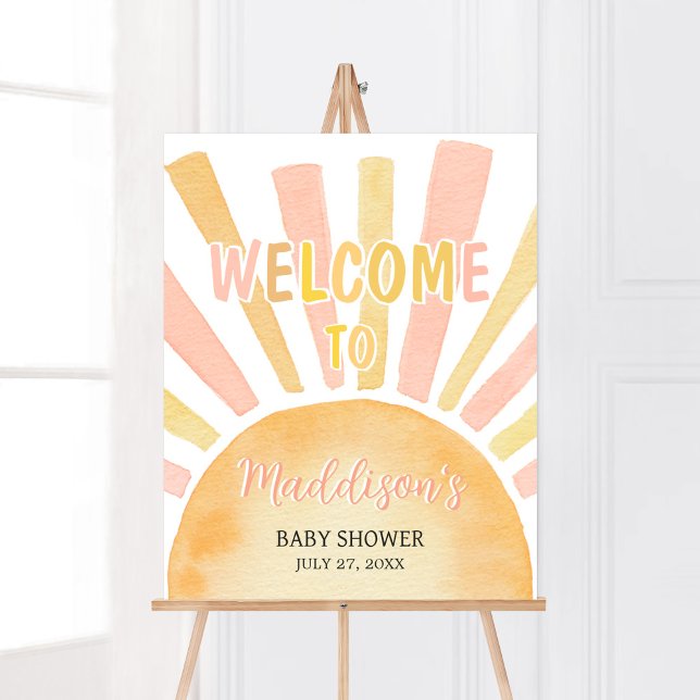 Poster Garota Um Pequeno Raio de Sol Chá de fraldas Bem-V (Pink Boho Sunshine Baby Shower Welcome Sign)