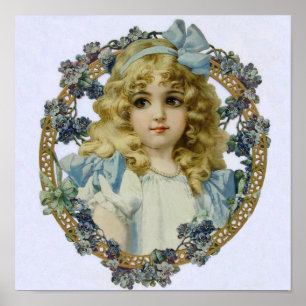 Poster Garota Vintage com Belas Flores e Laço