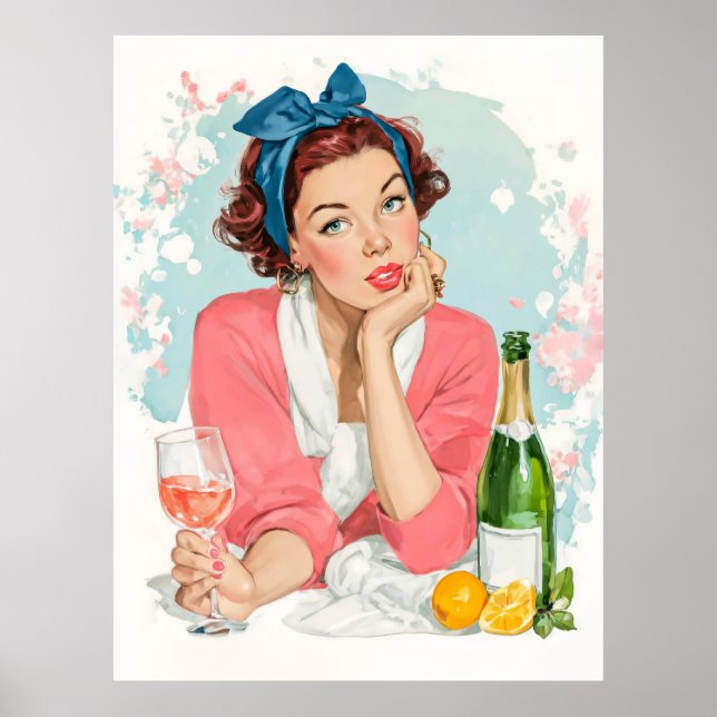 Poster Garota Vintage com Champanhe Rosa (Frente)