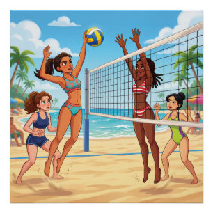 Póster Garotas de Desenho Animado Jogando Vôlei de Praia