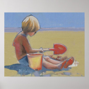 Poster Garotinho brincando na areia com uma pá