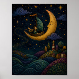 POSTER GAROTO CAPRICHOSO NAVEGANDO O CRESCENTE DOURADO DA