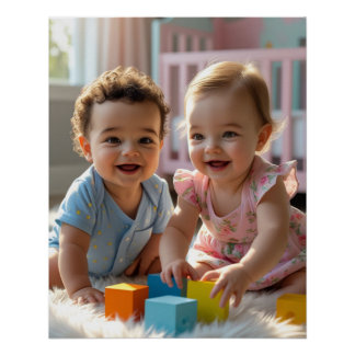 Póster Garoto e Garota Bonita Brincando em um Ensino Sol