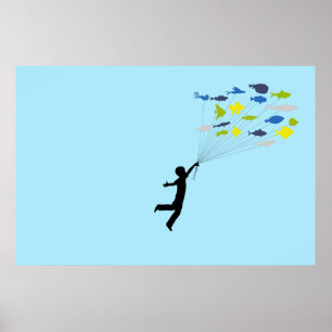 Póster Garoto Flutuando Longe Segurando Balões De Peixes