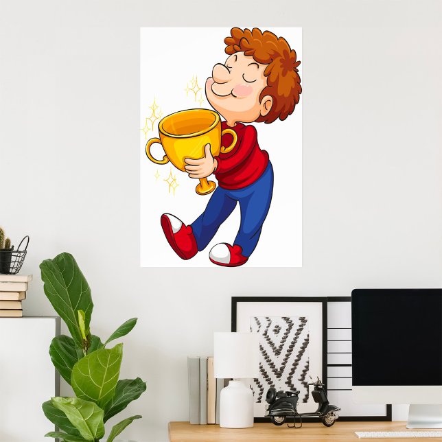 Poster Garoto que segura Ouro Troféu Prêmio vencedor (Criador carregado)