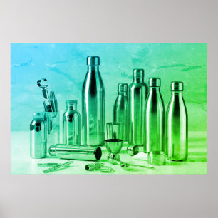 Poster Garrafa de água de aço verde brilhante em uma pare