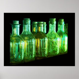 Poster Garrafas de Vidro Retro Cor Verde Arrolhadas numa