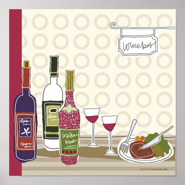 Póster Garrafas de vinho com taças de vinho na mesa (Frente)
