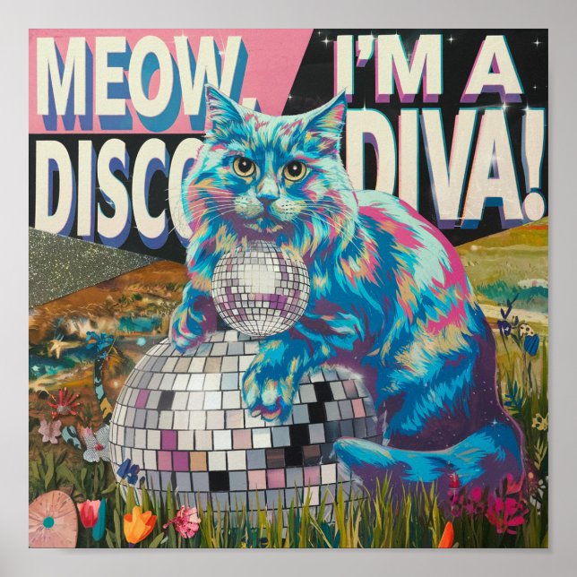 Poster gata em uma bola de discoteca diva do disco (Frente)