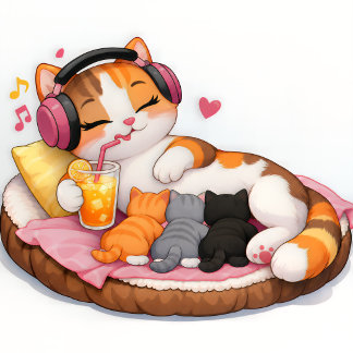 Poster Gata Mãe Calico Fofa com Gatinhos e Fones de Ouvid