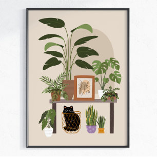 Poster Gata Preta Amante de Plantas Estética de Casa Acon