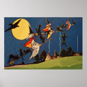Póster Gata Preta Bruxa Voadora Corvo Lua