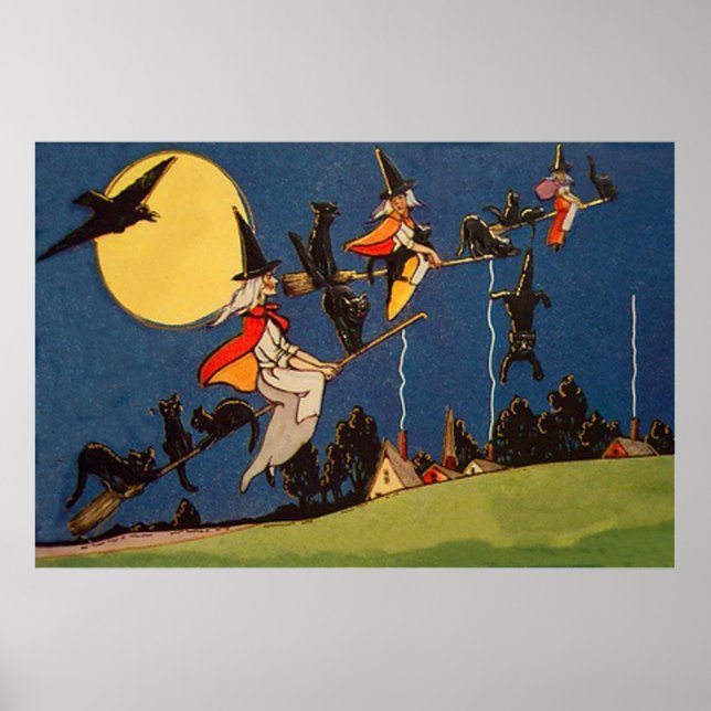 Póster Gata Preta Bruxa Voadora Corvo Lua (Frente)