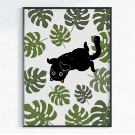 Poster Gata Preta Folhas Tropicais Amante de Plantas