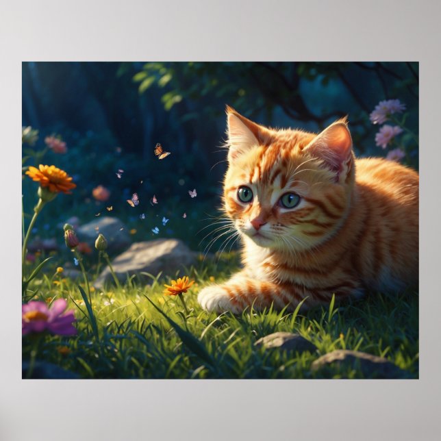 Poster *~*  Gatinha 5:4 Felino Gatinho Alcançando Flor (Frente)