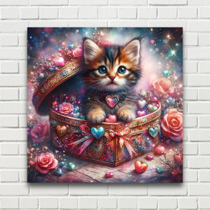 Poster Gatinho Adorável Em Caixa Cardíaca Com Flores