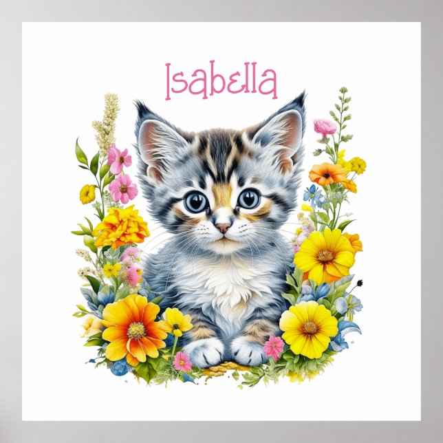 Poster Gatinho Aquarela em Flores Personalizadas (Frente)