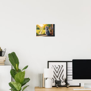 Poster Gatinho Atigrado Fofo pela Janela com Flores Silve