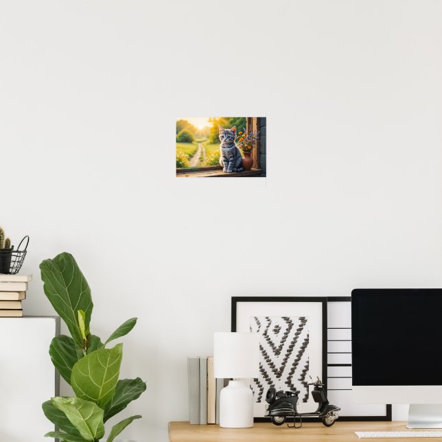 Poster Gatinho Atigrado Fofo pela Janela com Flores Silve (Escritório em casa)