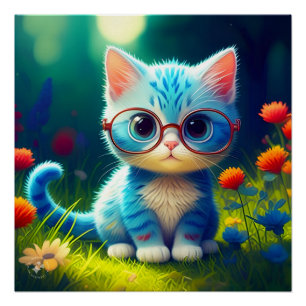 Póster Gatinho Azul Fofo Usando Óculos-47567