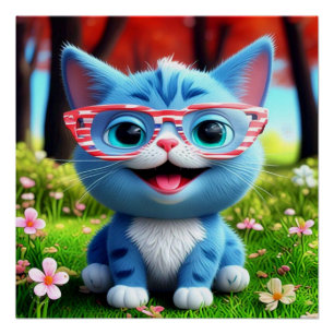 Póster Gatinho Azul Sorridente E Bonito-556655